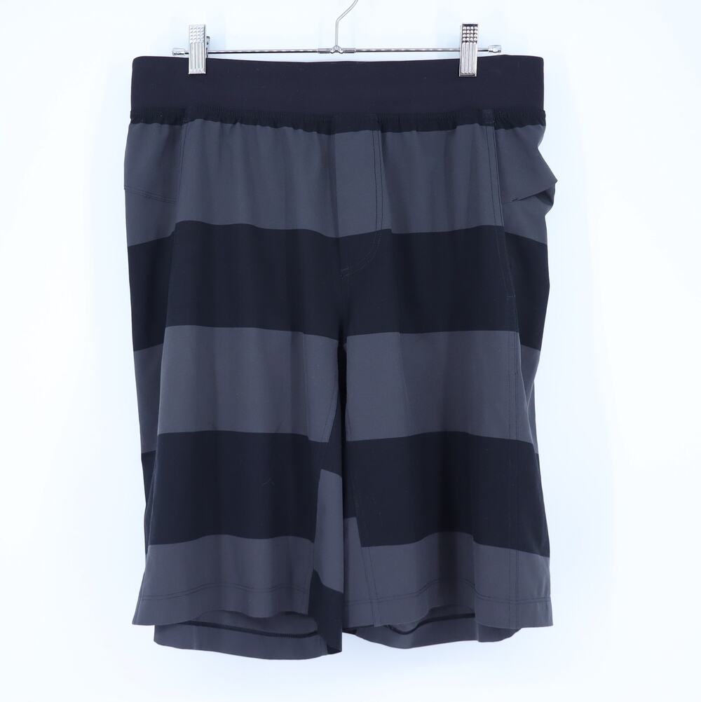 Lululemon Linerless Active Shorts Striped Black and Gray Drawstring Men's L